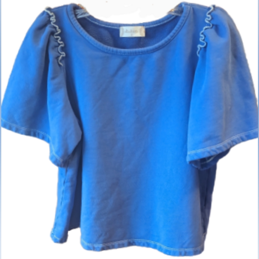 EUC Altar'd State blue puff short sleeve exposed white stitching at shoulder